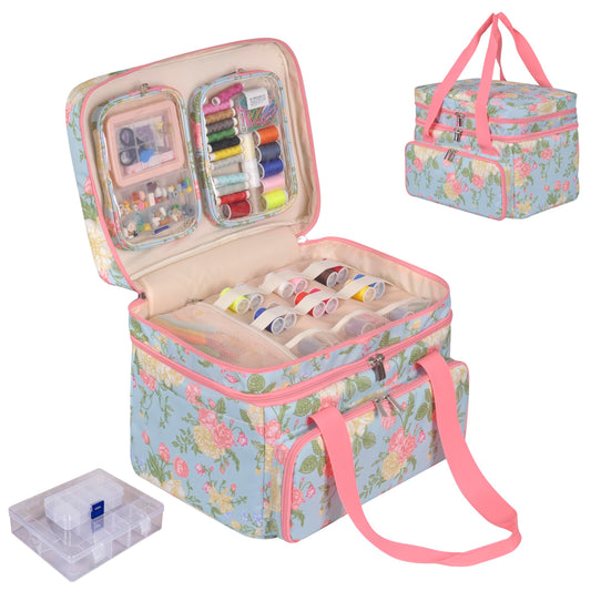 Remobia Hicol Sewing Accessories Organizer,Double Layer Sewing Storage Organizer Bag with 2 Detachable Pouches and 2 Pack Clear Plastic Organizer Box,Large Sewing Supplies (Rose Pattern)