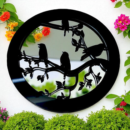 Super Cool Creations Round Mirror Bird Wall Art, Black Decorative Garden Panel with Tree Branch Design, Garden Decor, 38cm
