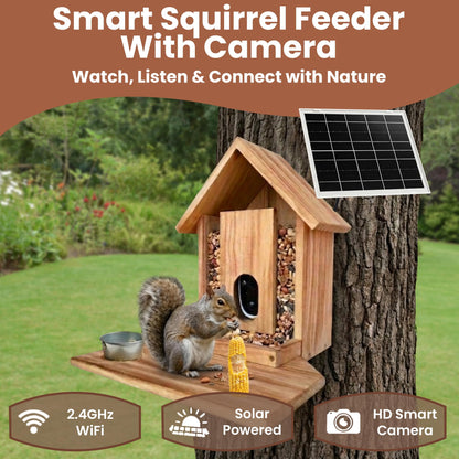 FAUBIC Squirrel Feeder with Camera - Includes Solar Powered Panel - Burned Pine Squirrel House with Anti-Chew Cable Protector - Smart Squirrel Feeder 160° HD Night Vision - 2.4Ghz WiFi Squirrel Camera