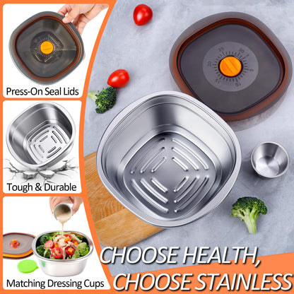 KTKUDY 3 Pack Stainless Steel Salad Bowls with Lids & Dressing Cups - 50 oz Leakproof Salad Containers for Meal Prep & Lunch To Go, Dishwasher Safe