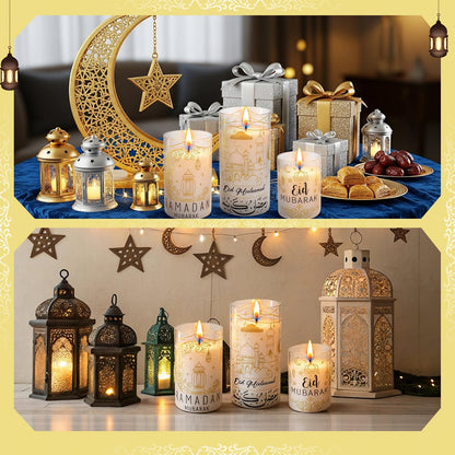 Huquary 3 Pcs Eid Mubarak Pillar Flameless Candles with Remote Ramadan Decorations Ramadan LED Flickering Candles Battery Operated Plastic Pillar Candlesticks for Eid Fit Gifts Home Decor, 3", 5", 6"
