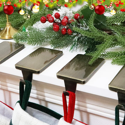 HMASYO Christmas Stocking Holders for Mantle Set of 2, Heavy Duty Cast Iron Stocking Hangers Base, Low Profile Weighted Stocking Holder Hooks for Fireplace Tabletop Shelf Christmas Decoration, Bronze