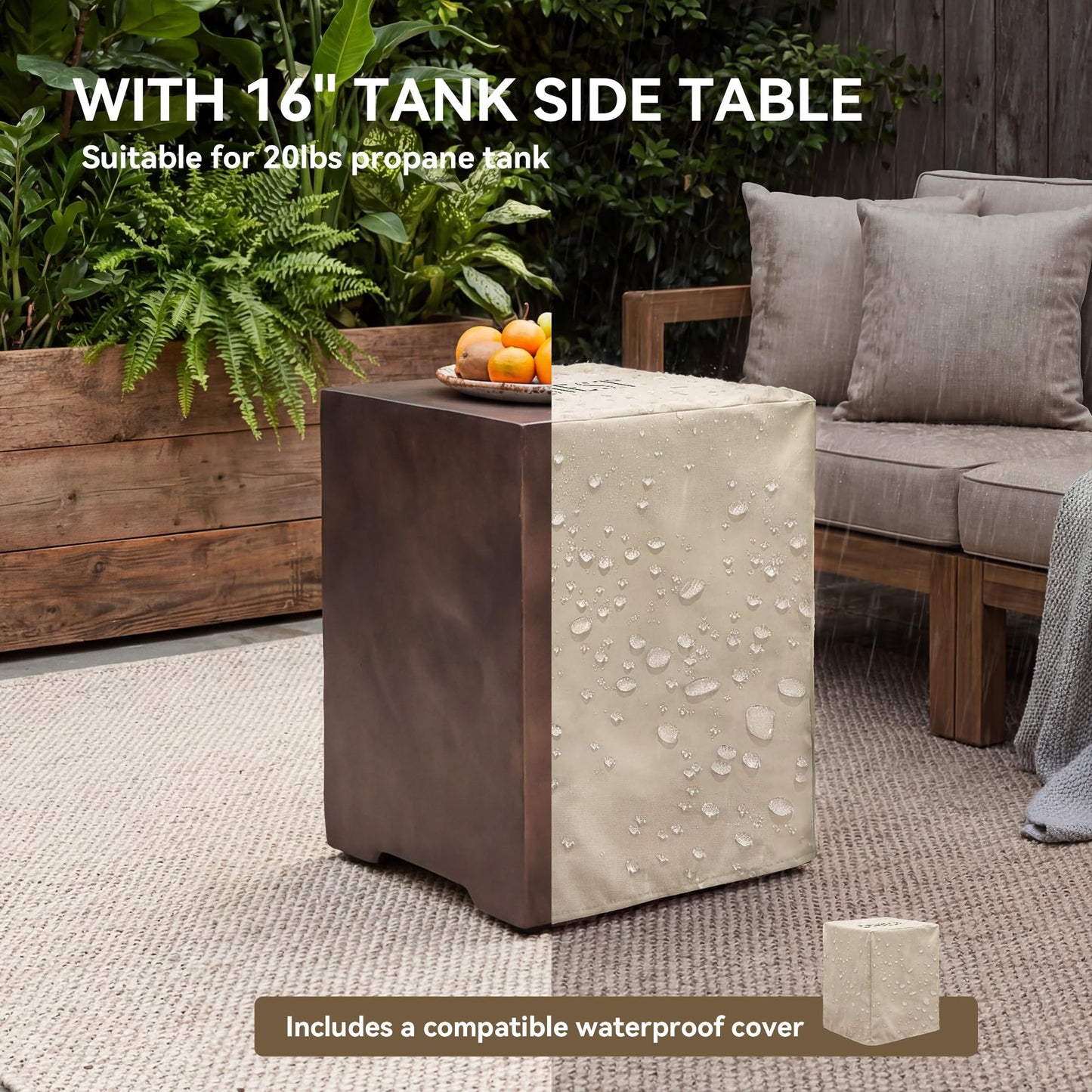 COSIEST 2-Piece Outdoor Propane Firepit Table Set w Tank Table, 42 inch Dark Fire Table Certified, 50,000 BTU w Bronze Round Base,Wind Guard and 16 inches Tank Side Table 20lb for Garden,Pool
