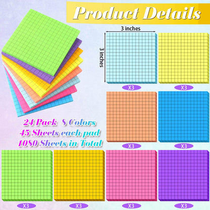 Geosar 24 Pack Lined Grid Sticky Notes 3 x 3 Inch Note Colorful Self Stick Notes Power Memo Pads Strong Adhesive Self Stick Note for Gifts School Office Supplies 8 Colors(Bright Color)