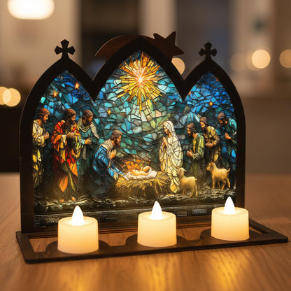 DINIZON Wooden Nativity Set, Wood Christmas Nativity Scene Set, Miniature Holy Family Figurines, Table Top Boho Christmas Jesus Decorations for Indoor Mantel Display, Miracle In A Manger Gift (Candle Holder)
