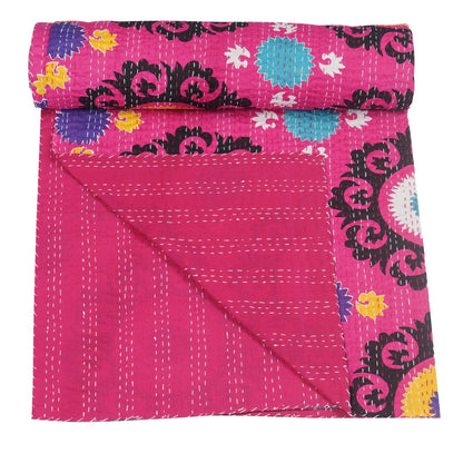 Marubhumi Indian Handmade Traditional Unique Print Kantha Quilt Indian Cotton Bedding Throw Blanket Bespread Hand Stitched with Love (Pink, Queen (90"x 108"))
