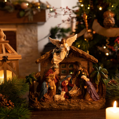 Valery Madelyn Christmas Nativity Figurines with LED Lights, Red Gold Holy Family Nativity Scenes Set Resin Manger for Xmas Indoor Home Table Fireplace Holiday Decorations, 10.6 Inch Tall