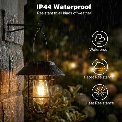 Livinlarge Solar Lanterns Outdoor Waterproof,Hanging Solar Lights for Outside with Wall Hooks Windproof Hook,Retro Metal Outdoor Lanterns Auto On/Off for Porch,Patio,Garden,Yard Decor 2 Pack（Black）