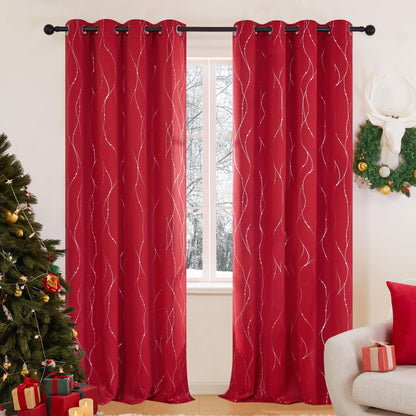 Deconovo Christmas Curtains, Red Curtain, Blackout Drapes, Thermal Insulated Noise‑Reduced Drape, Wave Line Dots Foil Print, 52 x 84 Inch, 2 Panels, Machine‑Washable Window Panel for Party Living Room