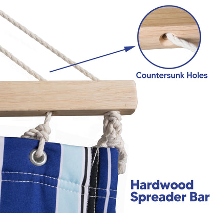 SUNCREAT Hammocks Quilted Fabric Hammock, Double Hammock with Spreader Bar, Soft Pillow, Max 475lbs Capacity, Blue Stripes