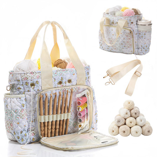 SilTriangle Large Floral Quilted Crochet Knitting Bags and Totes Organizer Cotton Yarn Hook Bag Holder Christmas Corduroy Gift for Crochet Lover Crocheting Accessories, Needle with Zipper, Size M