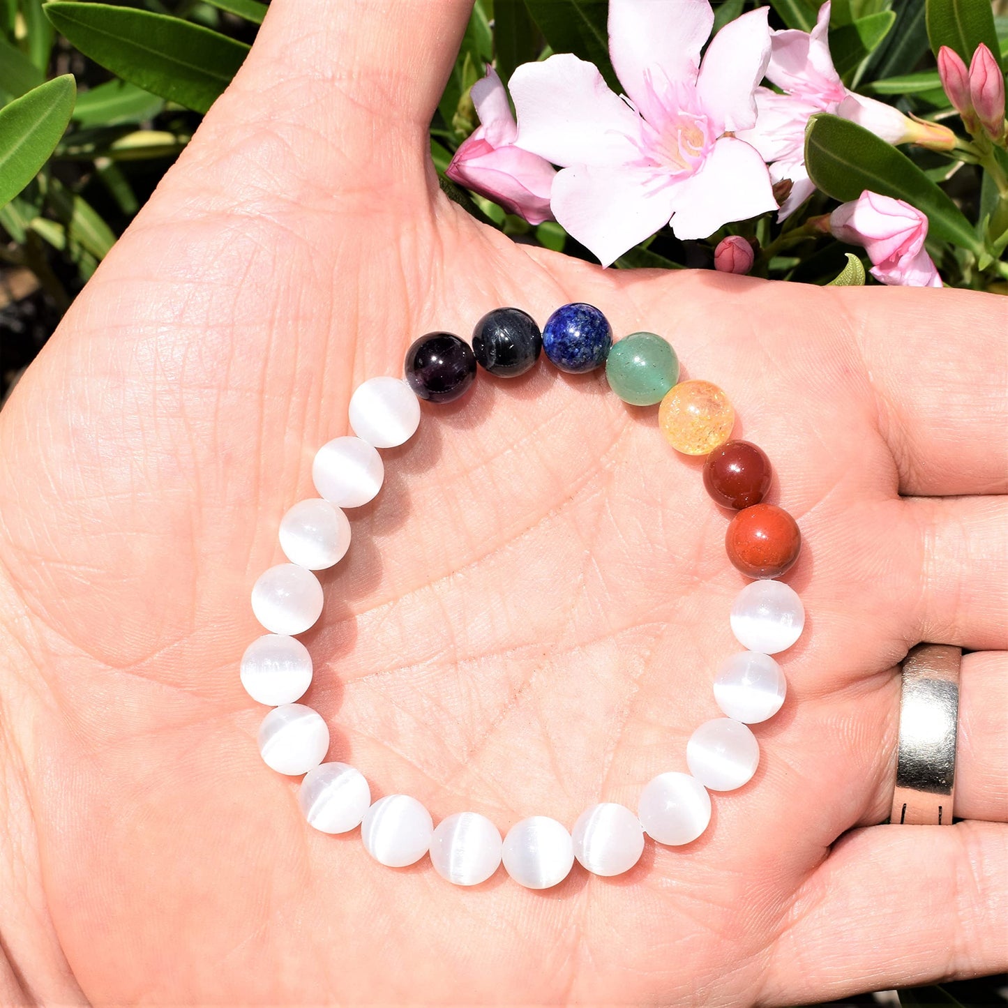 Zenergy Gems Charged Premium Natural 7 Chakra Selenite Crystal 8mm Bead Bracelet + Moroccan Selenite Charging Crystal [Included]