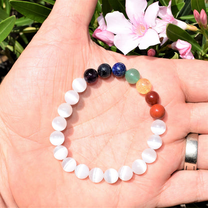 Zenergy Gems Charged Premium Natural 7 Chakra Selenite Crystal 8mm Bead Bracelet + Moroccan Selenite Charging Crystal [Included]