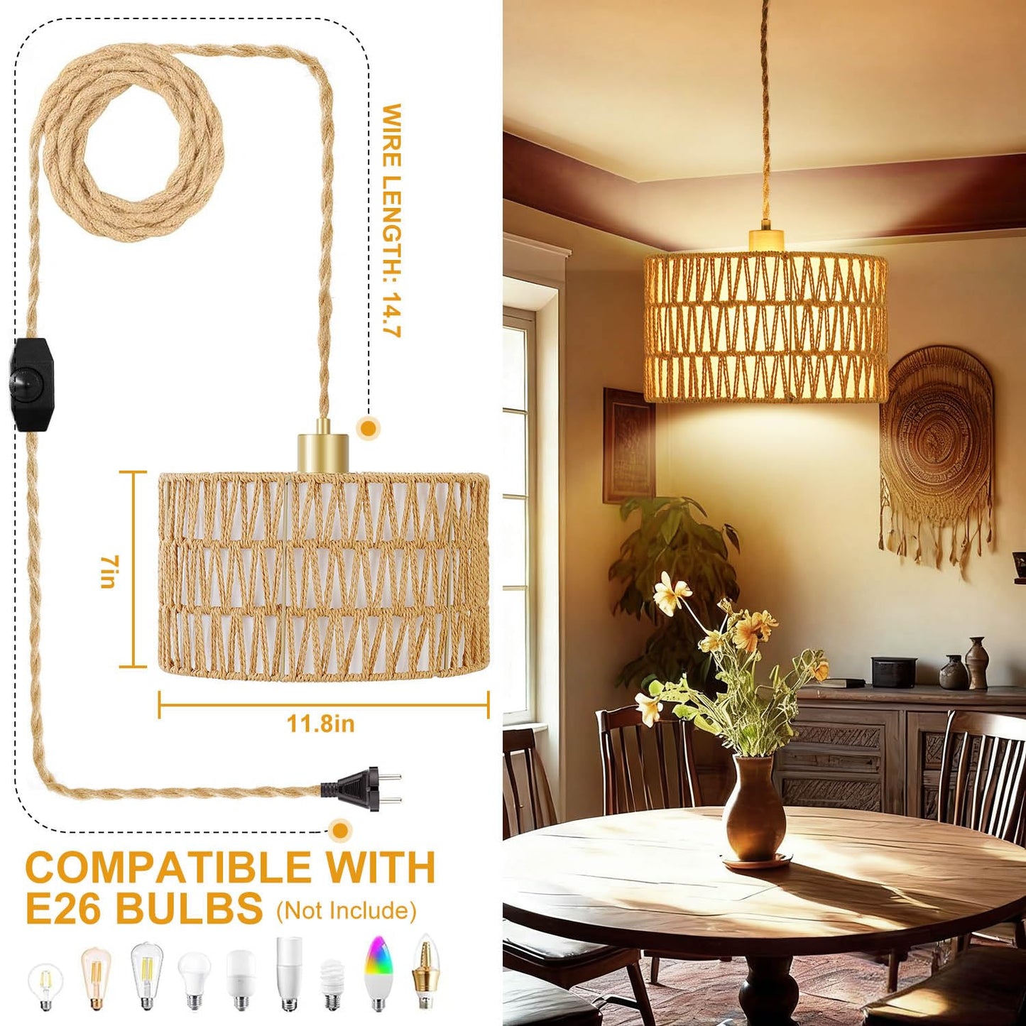 Vannise Dimmable Boho Hanging Lights with Plug in Cord 14.7ft，2 in 1 Shade Plug in Pendant Light Rattan Hanging Lamp with E26 Bulb, Long Lasting Wicker Plug in Pendant lamp Fixture for Living Bedroom