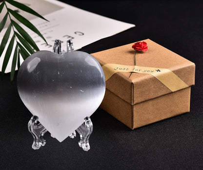 JIC Gem Selenite Heart 2 Inch(60mm) Love Palm Worry Stone Crystals and Healing Stones with Free Display Holder and Gift Box Home Decoration