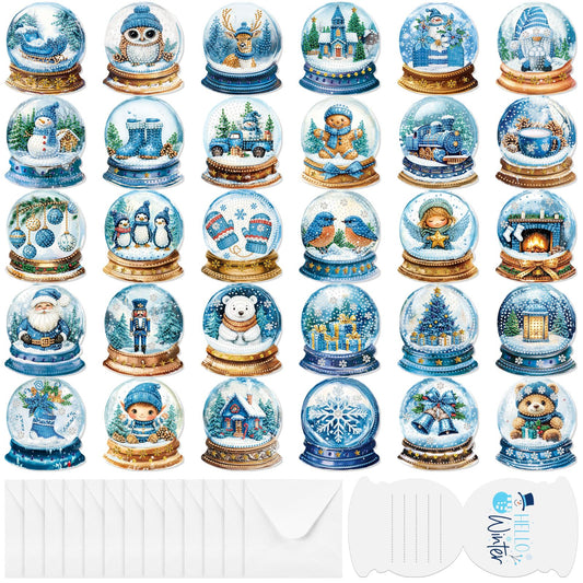 Humyoun 30 Pack Winter Diamond Art Cards with Envelopes Winter Diamond Painting Card Bulk Elk Snowman Gingerbread Santa Nutcracker Greeting Postcard 5d Round Drill Art Craft for Adult Beginner