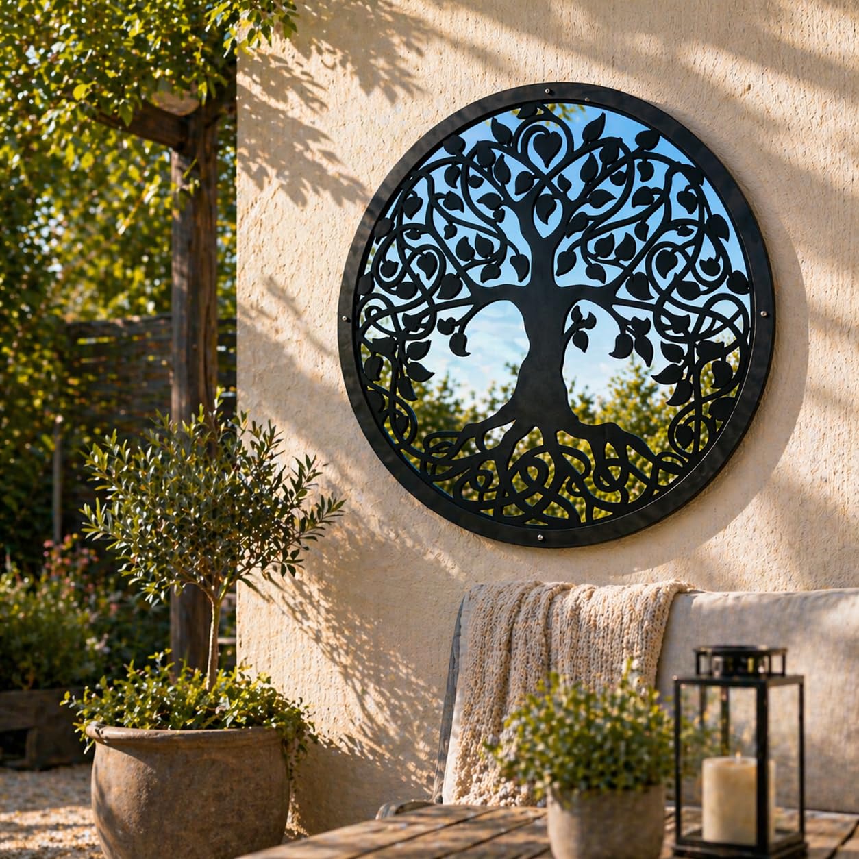 Sun Catcher Garden Decor Tree of Life Garden Mirror Range of Sizes Round Framed Mirror Outside Rust Resistant Acrylic Fixings Included Gift (42cm / 16.5 inch)