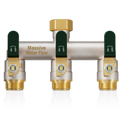 Garden Hose Splitter 3 Way Heavy Duty Brass Nickel Plated Hose Splitter with Large Handle, Full Flow Water Hose Spigot Splitter with Shutoff Valve, T Adapter Connector, 3/4 - Inch GHT Thread（Green）