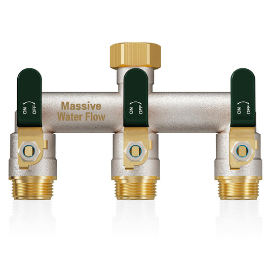 Garden Hose Splitter 3 Way Heavy Duty Brass Nickel Plated Hose Splitter with Large Handle, Full Flow Water Hose Spigot Splitter with Shutoff Valve, T Adapter Connector, 3/4 - Inch GHT Thread（Green）