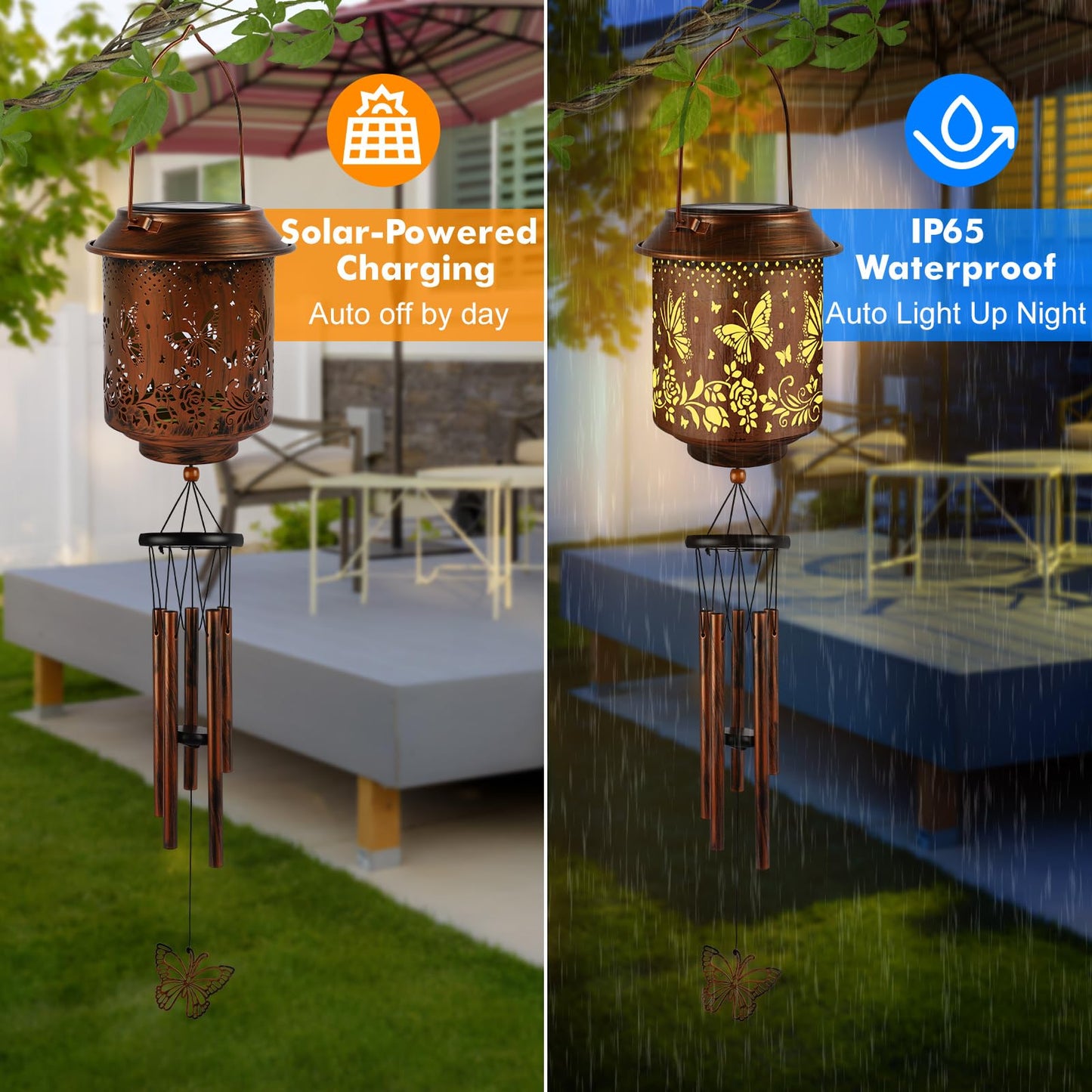 GLDFI Solar Lanterns with Wind Chimes - Garden Decor Set Includes Greeting Card & Gift Wrap Paper, Patio Yard Birthday Gifts for Women, Solar Lanterns Outdoor Waterproof (Butterfly)