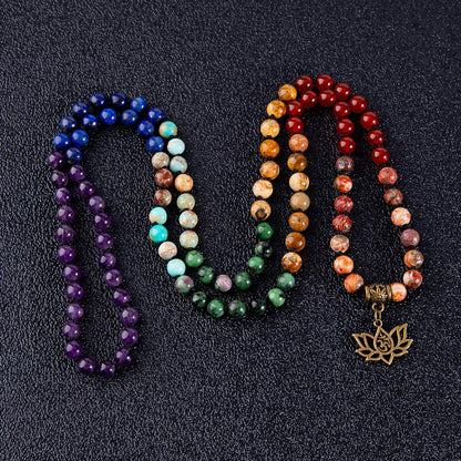 Bivei 7 Chakra 108 Mala Beads Bracelet Real Gemstone Yoga Meditation Hand Knotted Mala Prayer Bead Necklace(Lotus OM-6mm beads)
