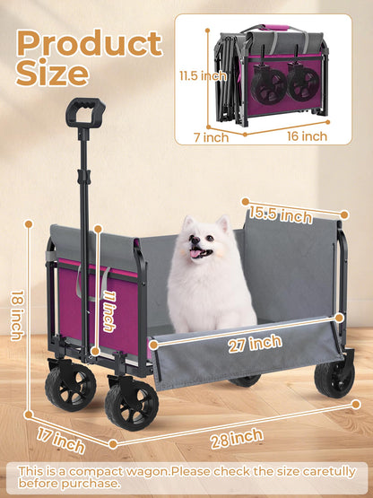 Aimnny Pink Folding Wagon Cart with Wide Wheels, Lightweight & Portable, Easy Fold & Removable Side Utility Wagon for Groceries, Gardening, Camping, Pet Use