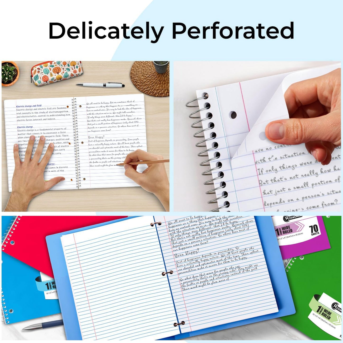 Rosmonde 50 Pack, 1 Subject Spiral Notebook Wide Ruled Bulk, 140 Pages (70 Sheets), Thick No-Bleed Paper, 8 x 10-1/2", 3 Hole Punched, 1 Subject Spiral Notebook Bulk, Bulk Subject Notebook