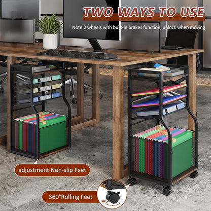 5-Tier Rolling File Cart with Lockable Wheels, Mobile Desk File Organizer Hanging File Folders Paper Letter Sliding Trays, Black Wood & Mesh Hanging Folder Drawer Organization for Office, Home, School