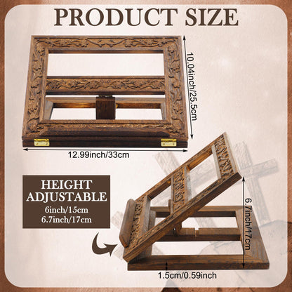 DoubleFill Adjustable Wooden Bible Stand Carved Bible Holder Missal Stand Book Display for Reading Folding Religious Prayer Wooden Holy Book Holder 12.99 x 10.04 Inches(Dark Brown)