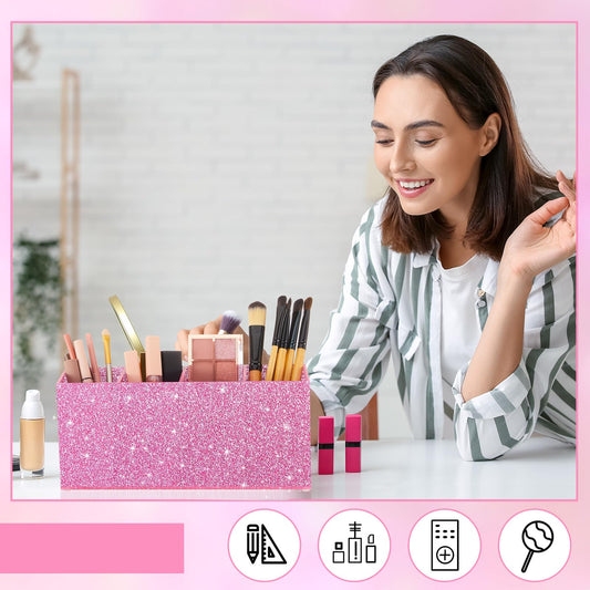 Jetec Acrylic Glitter Pen Holder 4 Compartments Bling Makeup Brush Stationery Organizer Pencil Holder for Desk Accessories Sparkly Gifts for Women Birthday Valentines Desktop Workplace Office(Pink)