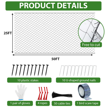Unves Bird Netting 25' x 50' with 2.4" Square Mesh Bird Net for Chicken Coop, Heavy Duty Nylon Poultry Netting for Garden Protect Fruit Trees, Vegetables and Plants Against Birds, Deer