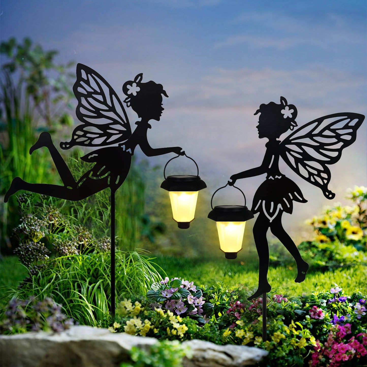 Solar Fairy Garden Stake Decorative Lantern, 2 Pack Metal Fairy Angel Garden Silhouette Lights for Lawn, Pathway, Patio, Yard Outdoor Decor