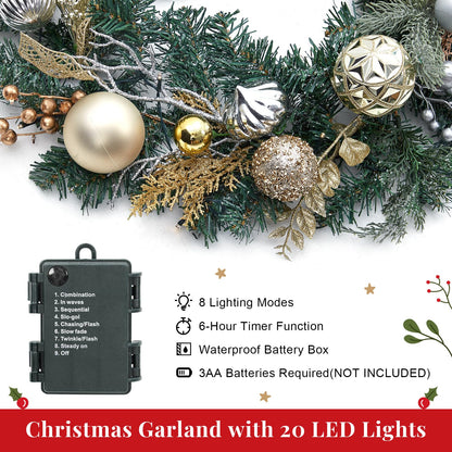 FairyLee 6ft Battery Operated Christmas Garland with 20 LED Lights & Timer, Pre-Lit Artificial Garland for Mantle, Staircase, Table, Indoor Outdoor Xmas Holiday Decor,Gold