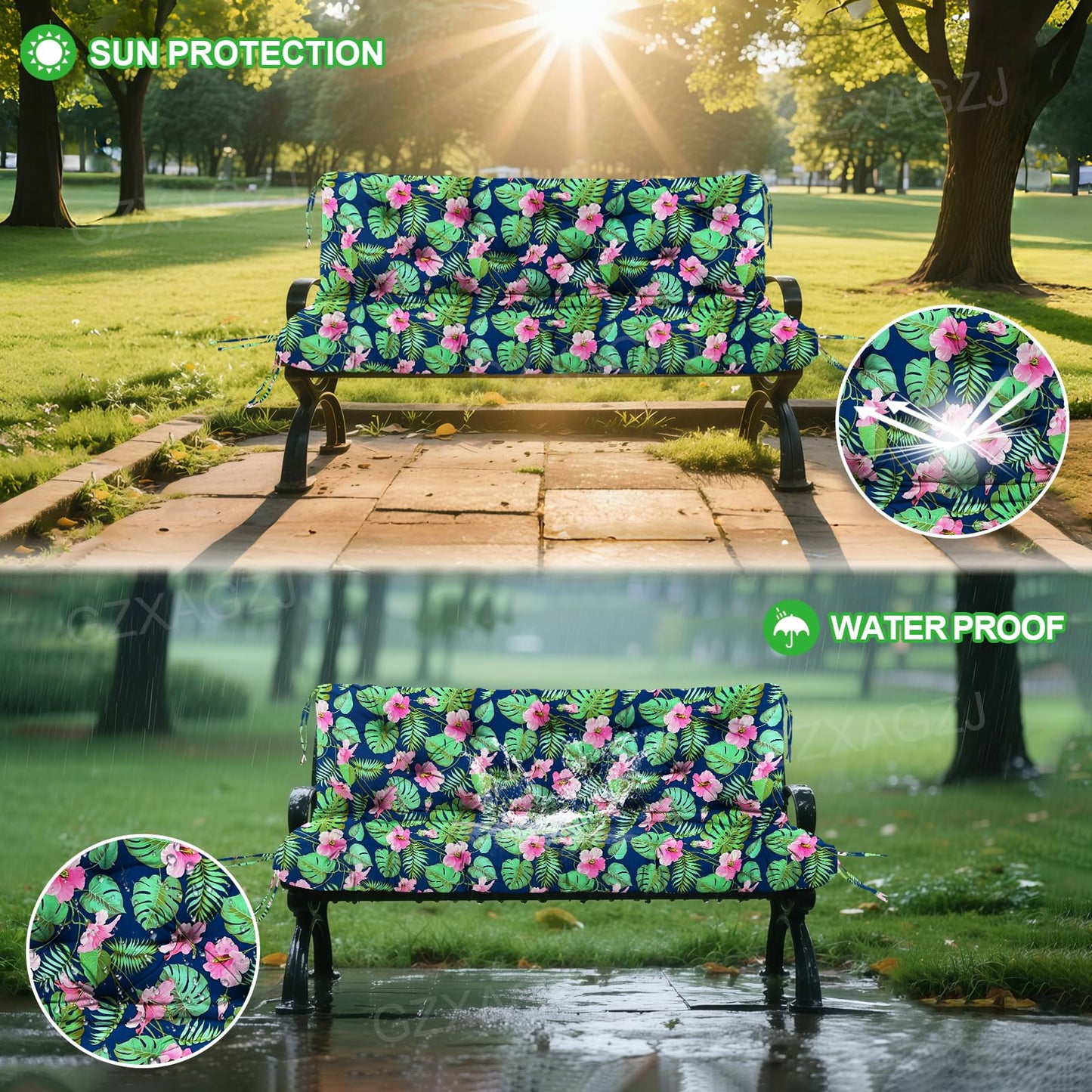 GZXAGZJ Porch Swing Cushions 70x40 inch Waterproof Outdoor Swing Cushions with Backrest and Ties Thicken 5" Swing Cushion for Outdoor Furniture Garden Lawn Patio Backyard (Rainforest Pattern)