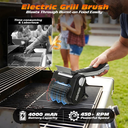 Electric Grill Brush for Outdoor Grill, Rechargeable BBQ Grill Cleaner Stainless Steel Brush with 450RPM Stainless Roller,LED Light, Scraper,Grilling Gifts for Men/Dad