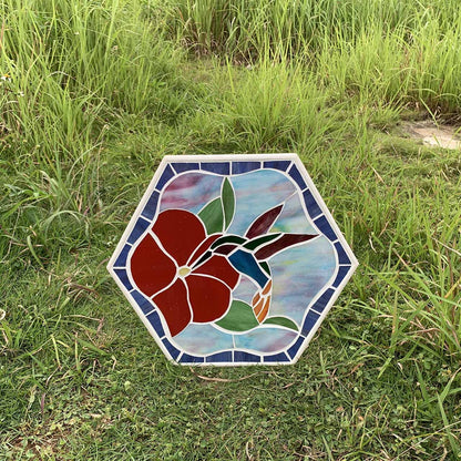 Bieye MSS003 Tiffany Style Stained Glass Mosaic Decorative Stepping Stone for Garden Decor (13" Hexagonal, Hummingbird)