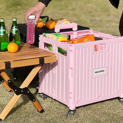 MACOPRO Folding Utility Cart Portable Rolling Crate Handcart Shopping Trolley Collapsible Tool Box, with Lid, Basket on 4 Rotate Wheels, for Grocery, Shopping, Office, Teacher (Pink)
