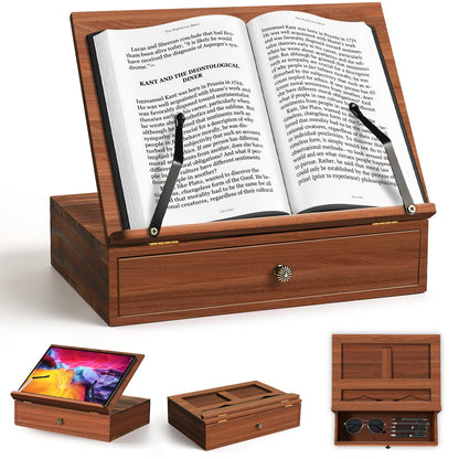 Book Stand with Storage, Book Holders for Reading Hands Free, Wooden Cookbook Stand with 4 Adjustable Height for Recipe,Magazine,Laptop,Tablet, Bible