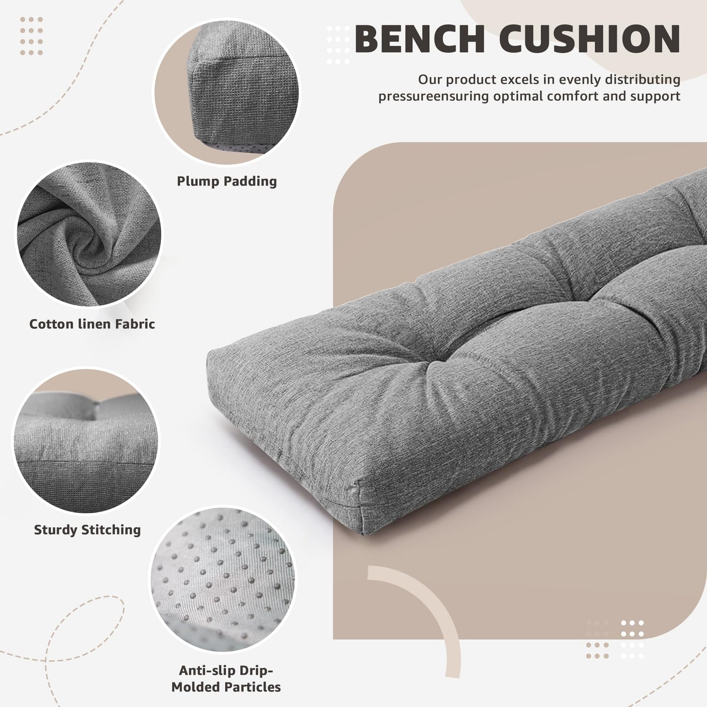 DANGHOOGY Indoor Bench Cushions, Tufted High-Density Foam Cushions for Indoor Furniture, Soft Bench Seat Cushion with Non-Slip Bottom, 36" X 14" X 4 (Grey)