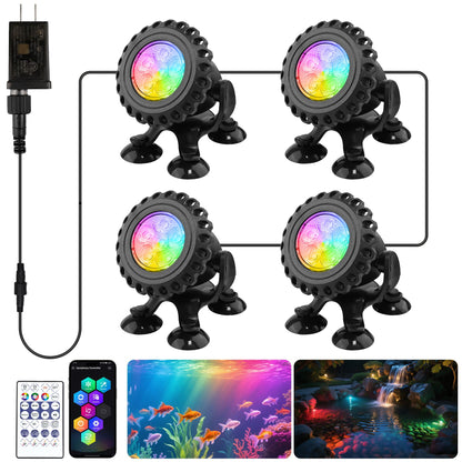 T-SUN Underwater LED Pond Lights – IP68 Waterproof Submersible Fountain Lights with App & Remote Control, 16M Colors Underwater Lighting for Koi Ponds/Garden Water Features Aquarium (4-Pack)