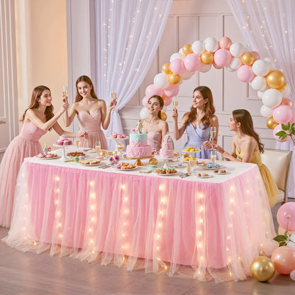 6FT Pink Tulle Table Skirt with LED Lights 2-Layer Ruffle Tulle Tutu Cloth Desk Table Skirt for Birthday Party Baby Shower Wedding Banquet Cake Dessert Decorations