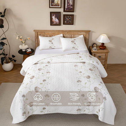 meadow park Embroidery Quilt Set 3-Piece Prewashed. 100% Cotton. Embroidery and Allover Quilting. Queen Size Bed Spread. Ivory Color.