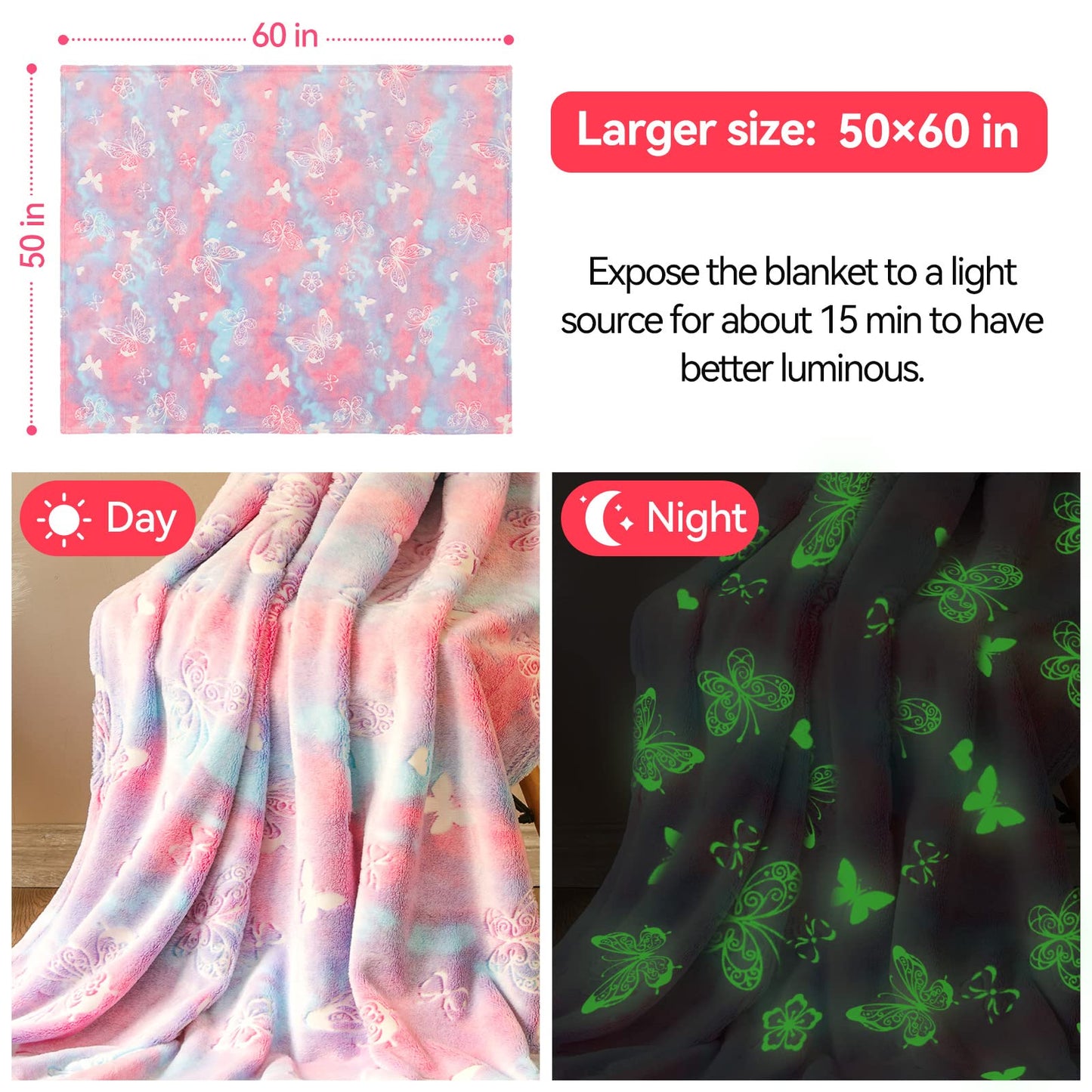 Anowpo Glow in The Dark Blanket Butterfly Gifts for Girls, Soft Blanket 3 4 5 6 7 8 9 10 11 12 Year Old Girl Gifts, Toddler Girls Toys Age 6-8,Grandkids Teens for Christmas Birthday Gifts, 50x60