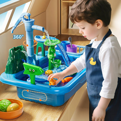 Water Table Play Sink Toy for Kids 2 3 4 5 6 Years Old - Outdoor Kitchen with Running Water, Fishing Games, Toddler Water Play Table for Kids Ages 3-8, Beach Outdoor Toys, Birthday Gifts 2+ 3-5 (Blue)