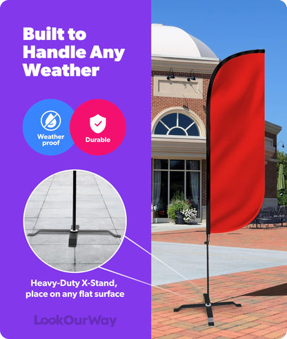 LookOurWay Feather Flag Set - 5ft Tall Advertising Banner Flag with Pole Kit and X-Stand for Business Promotion - Solid Color Red