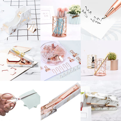 Rose Gold Marble Desk Accessories, Office Supplies Set Stapler Staple Remover, Tape Holder, Pen 2 Ballpoint Pen, Scissor, Binder Clips, Paper Clips and 1000pcs Staples