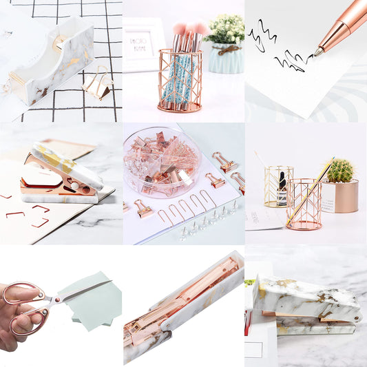 Rose Gold Marble Desk Accessories, Office Supplies Set Stapler Staple Remover, Tape Holder, Pen 2 Ballpoint Pen, Scissor, Binder Clips, Paper Clips and 1000pcs Staples