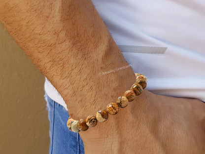 Amazing Gemstone Picture Jasper Bracelet for Women - Chakra Mens Bracelet Protection Crystals and Healing Stones - Blessing Bracelet Spiritual Meditation Gift (Faceted Beaded Bracelet, Adjustable)