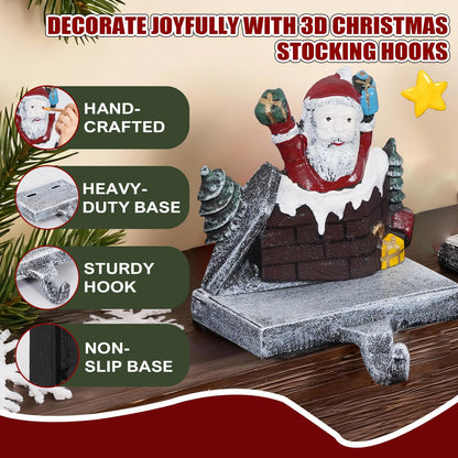 IGOHEALS Stocking Holders for Mantle – 3D Christmas Stocking Holder Heavy Duty Cast Iron Garland Hangers for Mantel with Non-Slip Base | Xmas Decor, Sturdy Fireplaces Hook (Pine Cone and Santa)