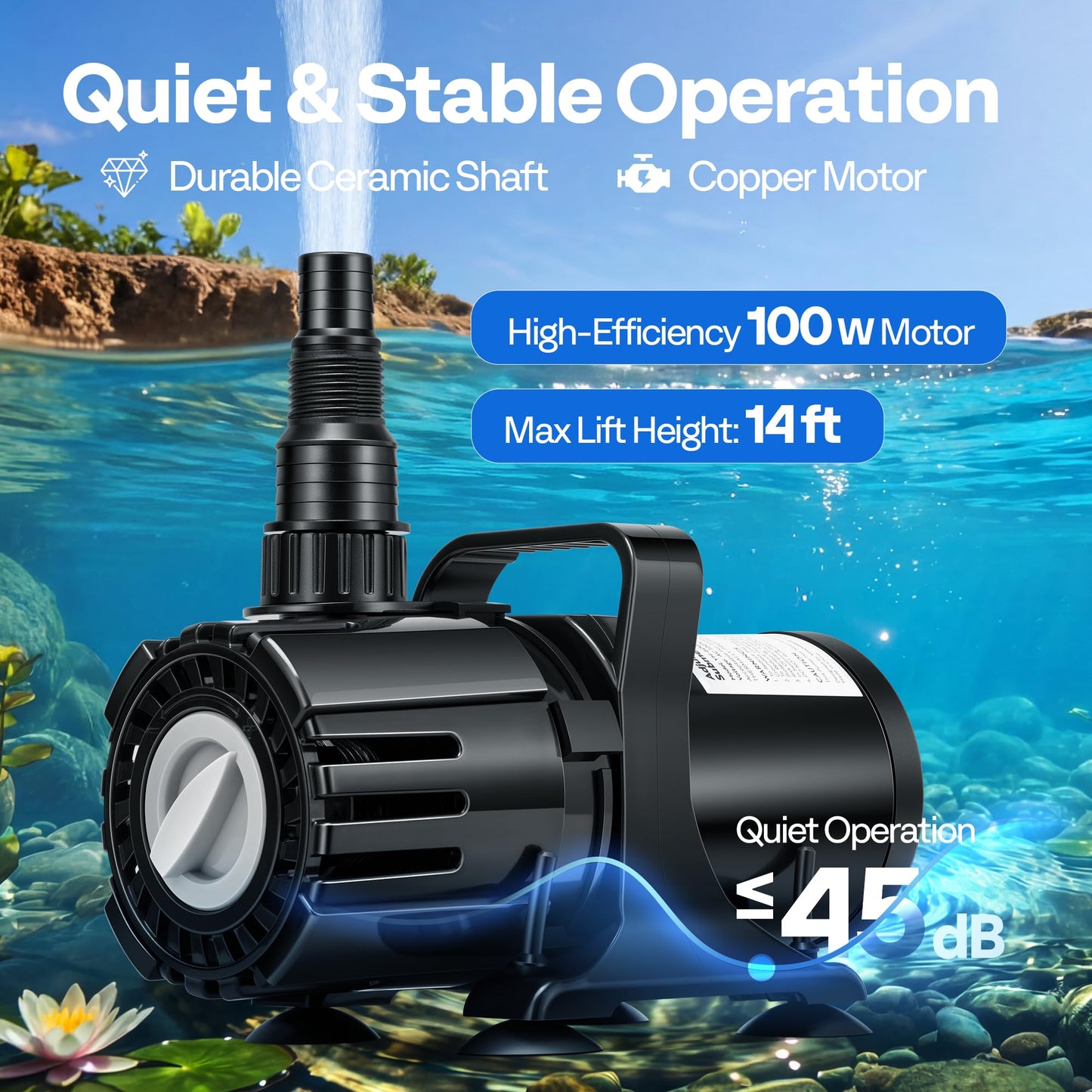 VIVOHOME 100W Adjustable Flow Submersible Water Pump, 700-1800GPH Stepless Flow Control, 14ft Max Lift, 180° Seamless Adjustable Nozzle and Barrier Pump Bag for Pond, Aquarium, Fountain, Waterfall